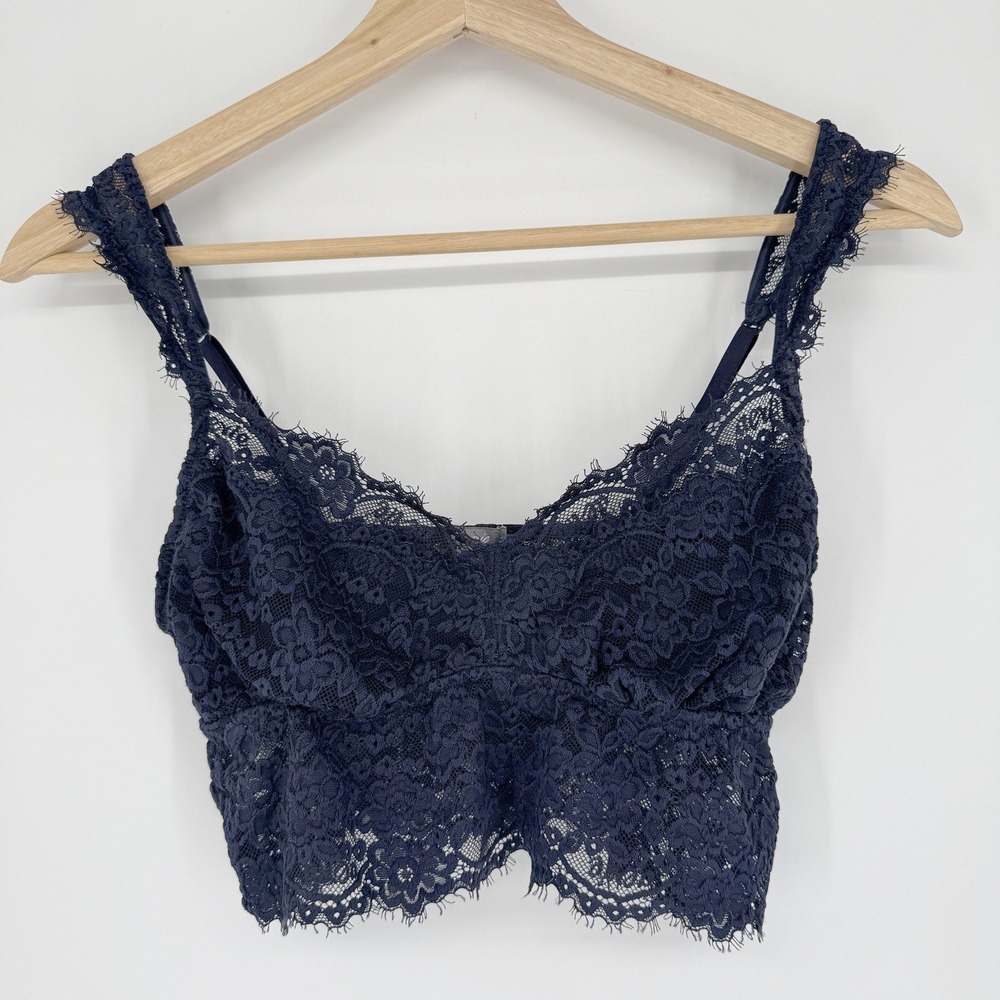 Aerie Lace Bralette Womens M Navy Blue Floral Crop Top Coquette Balletcore Boho